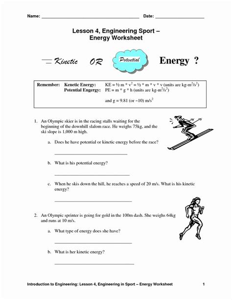 Potential And Kinetic Energy Worksheet With Answers Potentia