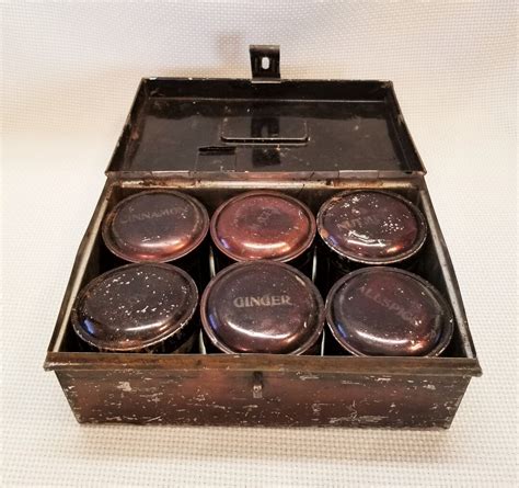 Victorian Travel Tin Spice Box Set With Six Spice Tins Inside Japanned