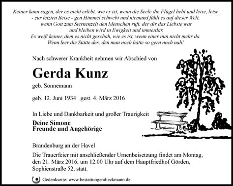 Traueranzeigen von Gerda Kunz Märkische Onlinezeitung Trauerportal