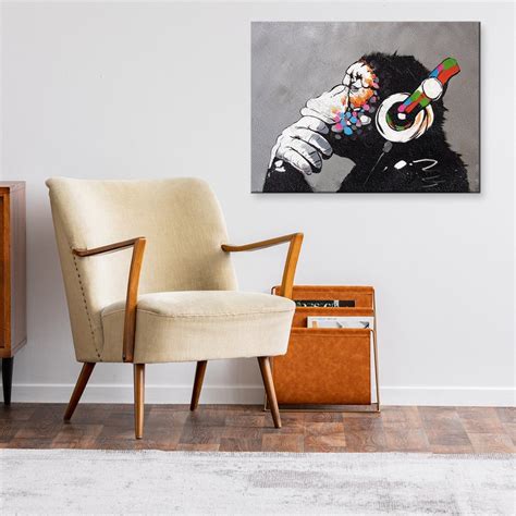 Thinking Monkey Headphones Canvas Wall Art Print Banksy Dj Etsy