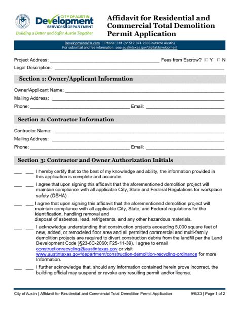 City Of Austin Texas Affidavit For Residential And Commercial Total