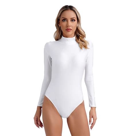 Tiaobug Women Mock Neck Gymnastic Leotard Solid One Piece Bodysuit