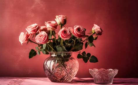 Premium Photo Pink Roses And A Glass Vase On The Pink Wall