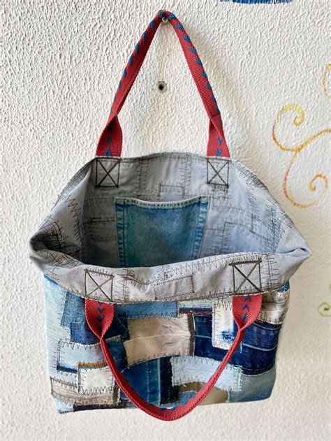 Denim Patchwork Bag Xl Shopping Big Boro Shopper Market Bag Repurposed