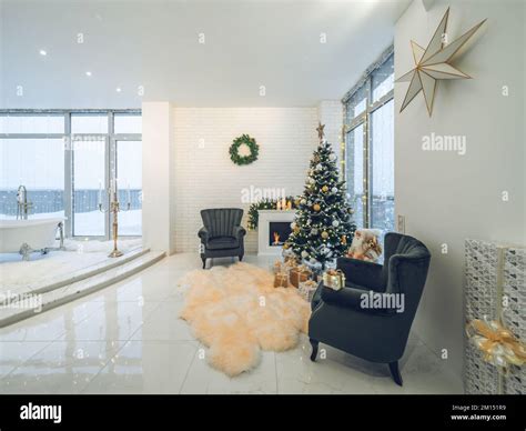 Luxury interior of living room with bathroom. Christmas decorations ...