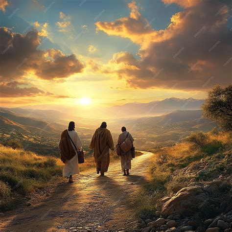 Jesus Walking Alongside Disciples on the Road to Emmaus | Premium AI