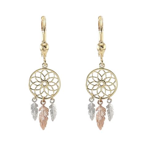 Boucles d oreilles pendantes 3 ors 375 attrape rêve Ref 48629