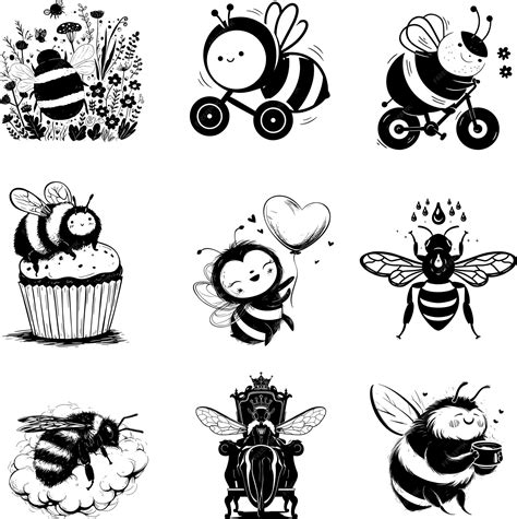 Premium Vector Bubble Bee With Flower Black And White Silhouette