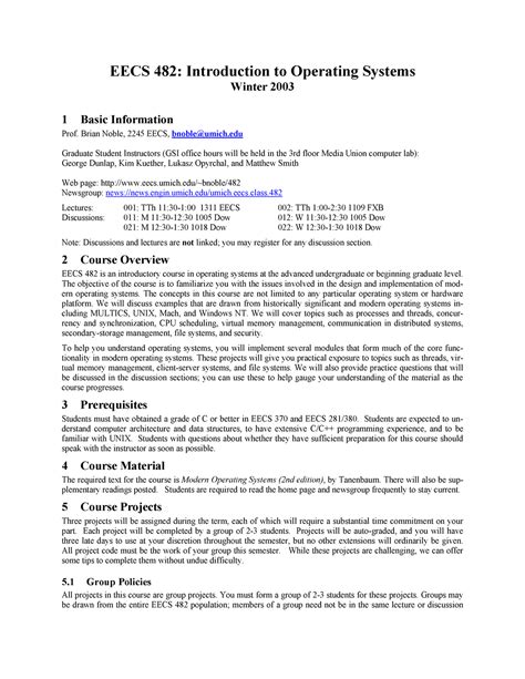 Syllabus 요약문 Kk EECS 482 Introduction to Operating Systems Winter