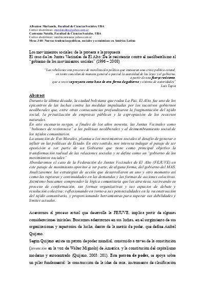 Los Movimientos Sociales De La Protesta A La Propuesta El Caso De