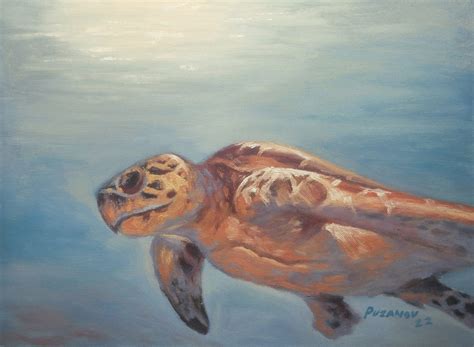 Original Oil Painting Nude Girl Swim In The Emerald Ocean With Daisies