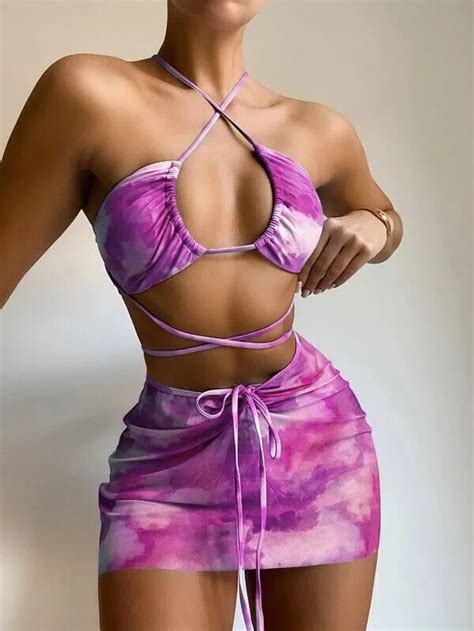 Bandeau Bikini 2021 Pink Print Swimwear Women Skirts 3 Pieces Set Halter String Swimsuit Women
