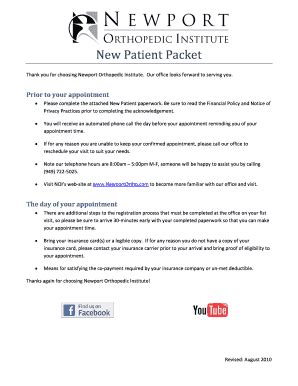 Fillable Online New Patient Packet Newport Orthopedic Institute Fax