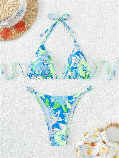 SHEIN Swim Mod Floral Print Bikini Set Halter Triangle Bra Thong