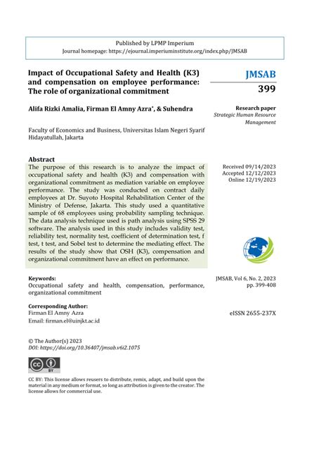 PDF Impact Of Occupational Safety And Health K3 And Compensation On