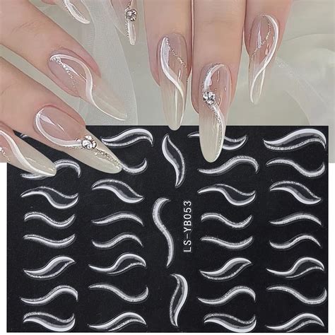 8 Sheets Feathers Lines Nail Art Stickers 3D Self Adhesive White Blue