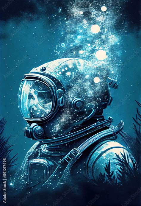 Diver Underwater In Vintage Diving Gear As Cyanotype Illustration