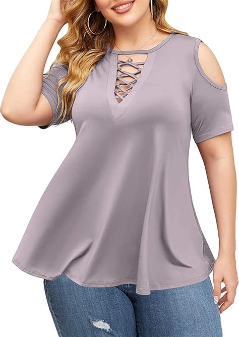 Zeagoo Womens Plus Size Deep V Neck Cold Sholder Tops Flowy Tunics