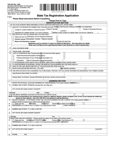 Fillable Form Crf 002 State Tax Registration Application March 2008