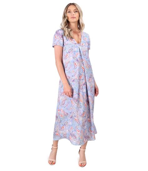 Viscose Midi Dress Printed With Paisley Motifs Light Blue Yokko