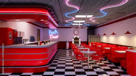 3D illustration of a 1950s vintage American diner interior. Stock Illustration | Adobe Stock