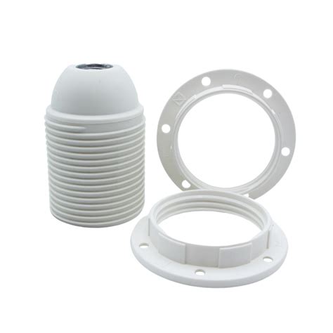 Plastic Lamp Holder With Two Screw Rings And Male Thread White E27