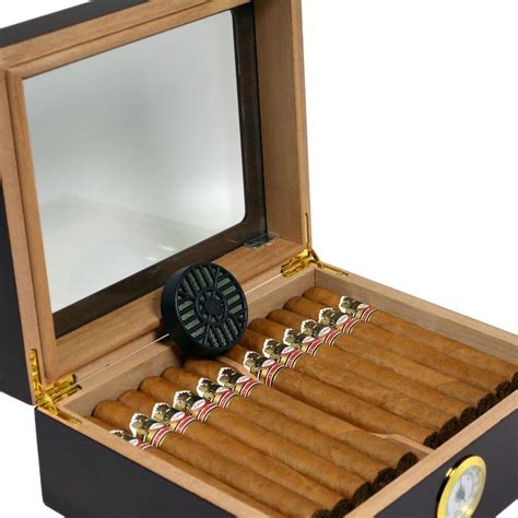 Laser Engraved Desktop Glasstop Cigar Humidor Skull And Bones Series Spanish Cedar Brass