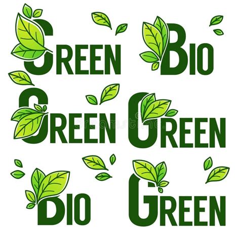 Green And Bio Product Doodle Organic Leaves Emblems Stickers Stock Vector Illustration Of