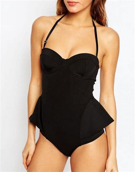 Asos Peplum Swimsuit One Piece Feminine Black Bathers Broad Shoulders