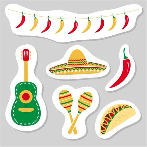 Cinco De Mayo Sticker Set Mexicano Cultura Icons Chili Garland Guitar