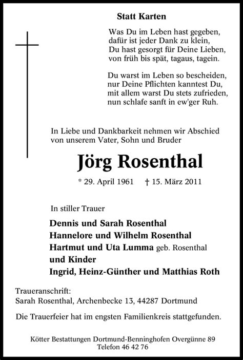 Traueranzeigen Von J Rg Rosenthal Trauer In Nrw De