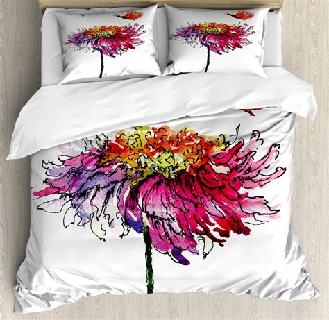 Watercolor Queen Size Duvet Cover Set Chrysanthemum Flower