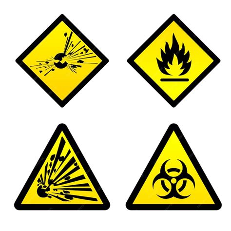 Premium Vector | Four yellow warning signs for toxic and explosive hazards