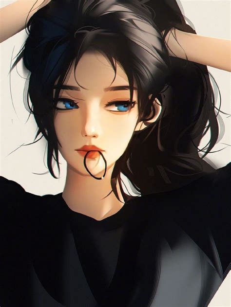 Blue Eyes Looking Sideways Anime Anime Girls Digital Art Black Hair