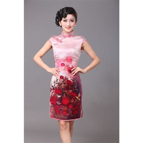 Brilliant Red Peony Flowers Silk Cheongsam