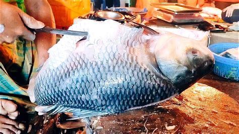 Giant Katla Carp Fish Cutting By Expert In Asian Fish Market Fish