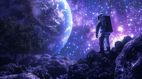 An Astronaut Standing On A Rocky Surface Gazing At Earth In The