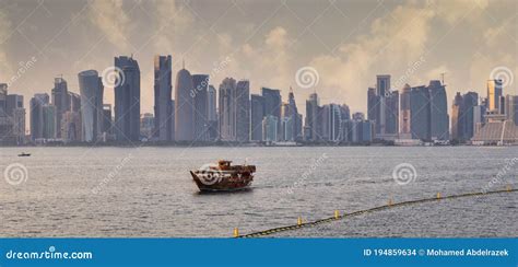 Doha Skyline from the Corniche Promenade Sunset Shot Stock Photo ...