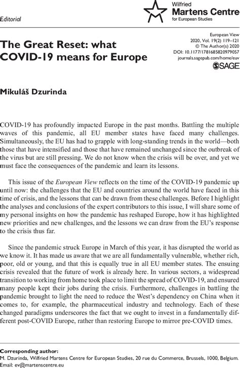 The Great Reset What Covid 19 Means For Europe Mikuláš Dzurinda 2020