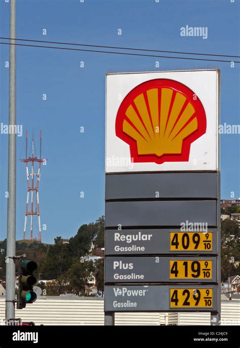 Shell Gas Station Sign Showing Gasoline Prices Over 4 Per Gallon San