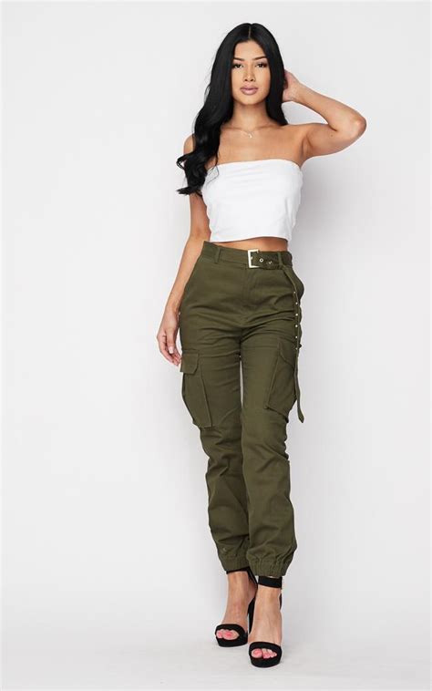 Belted High Waist Cargo Jogger Pants Olive