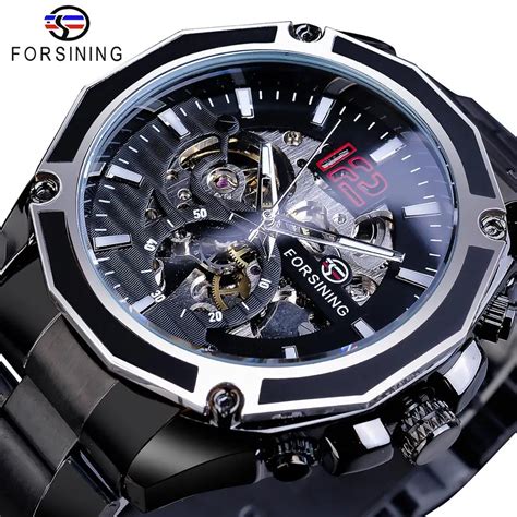 Forsining Black Steel Steampunk Sport Military Skeleton Mens Wrist