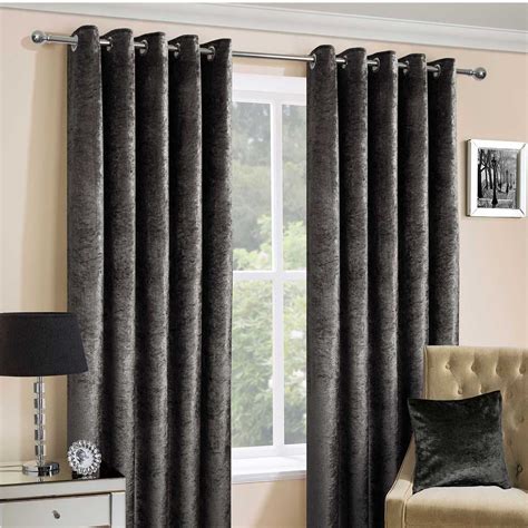 Dark Grey Luxury Crushed Velvet Lined Eyelet Curtain Pair, 90 x 54"