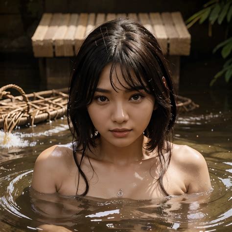 Seorang wanita cantik Asia rambut panjang sedang mandi di sungai sambil