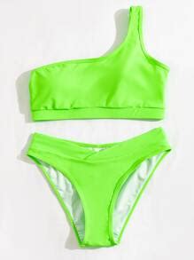 Neon Green Bikini Set One Shoulder Top Overlap Waist Hipster Bottom 2