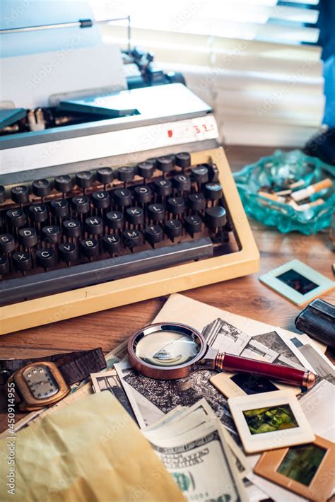 Private detective's desk, noir still life with a vintage phone ...