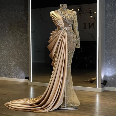 Arabic Gold Luxurious Mermaid High Neck Evening Gown With Beaded