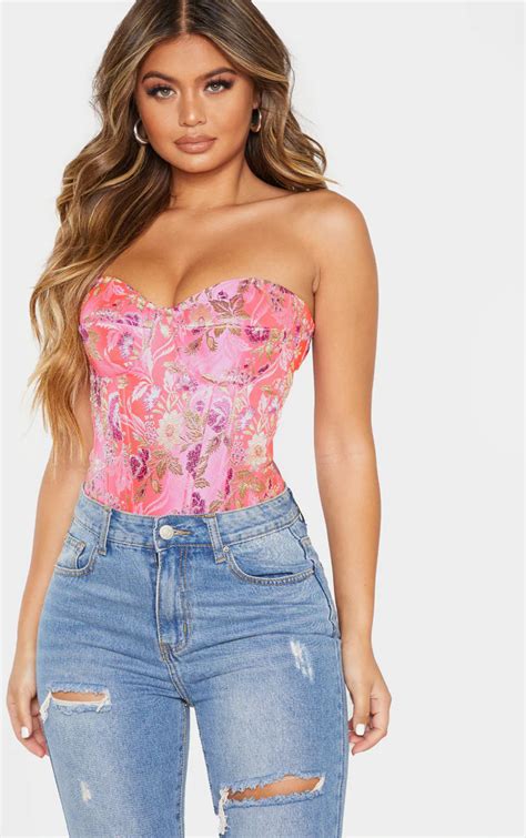 Pink Print Satin Corset Tops Prettylittlething Usa Twist Front Crop Top Dressy Tops Corset