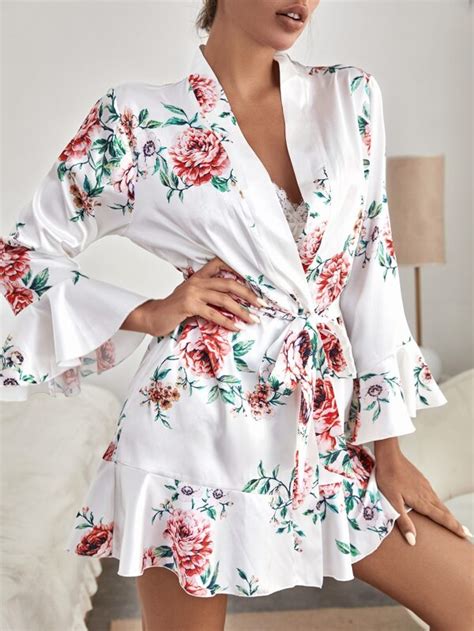 Floral Print Bow Front Belted Ruffle Hem Satin Pj Set Shein Uk