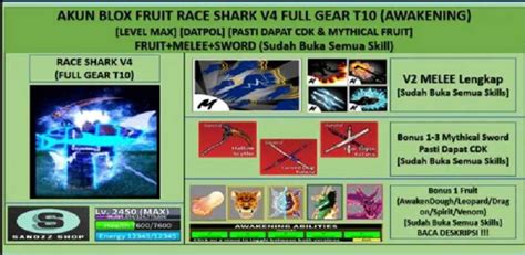 Acc Blox Fruit - Level 2450MAX - Shark V4 - Full Gear T10 ( Awakening ...